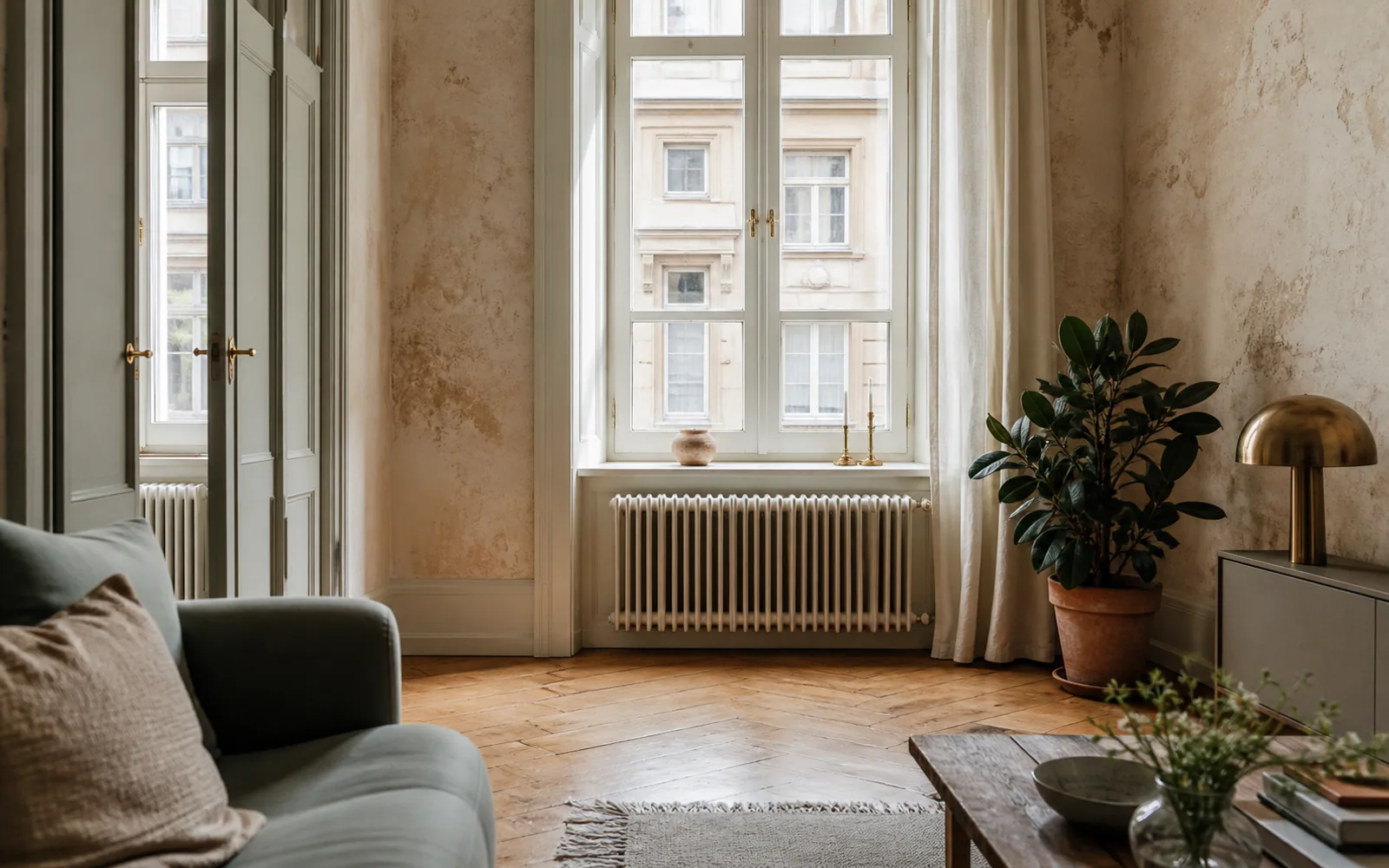 Ruhiger sanierter Altbau-Wohnraum mit Heizkörper und historischem Fenster