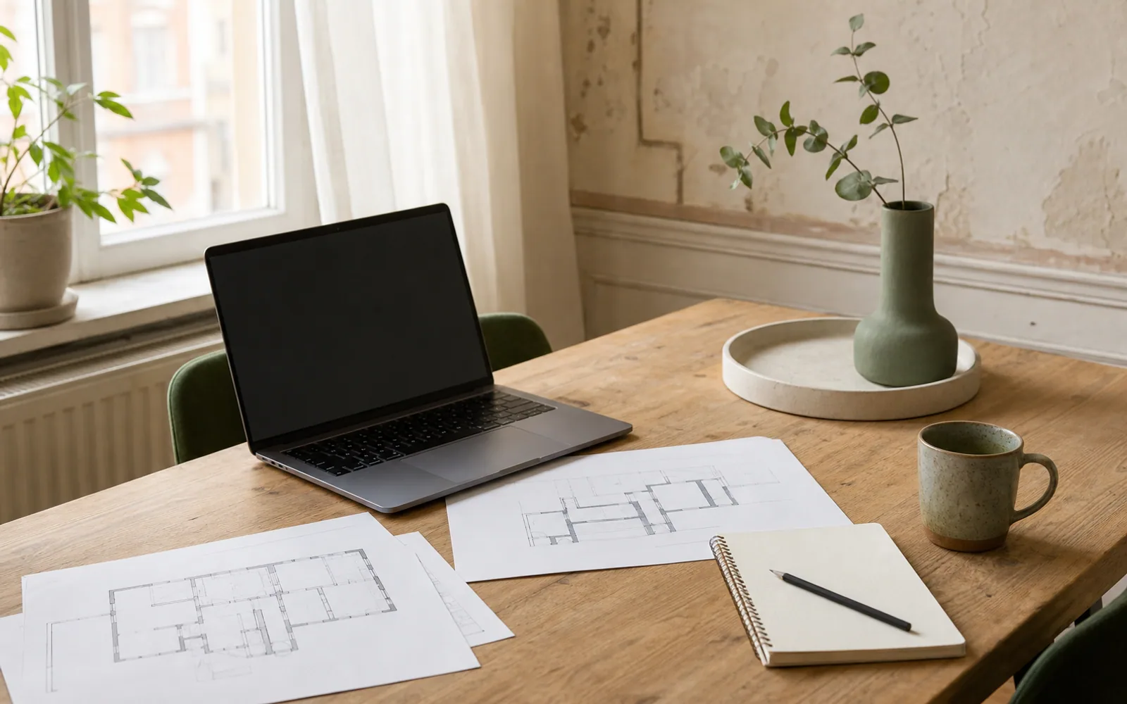Heller Beratungstisch im Altbau mit Laptop, Planunterlagen und Notizbuch